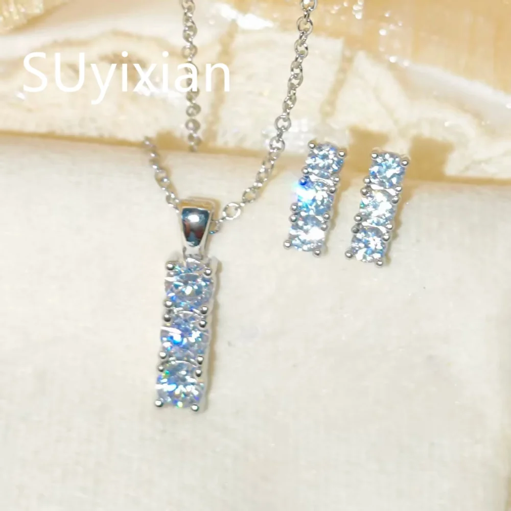 925 Sterling Silver Fashion Versatile Rectangle Zircon Necklace Earrings Set, Birthday Party Anniversary Wedding Gift