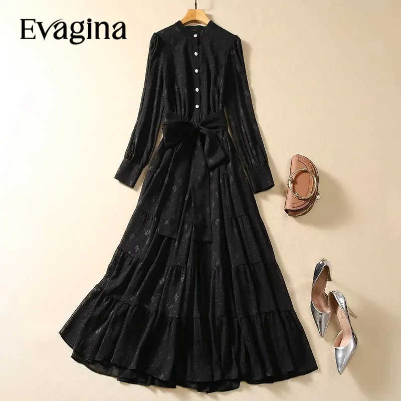 

Evagina 2024 New Fashion Runway Designer Women's Long Sleeved Single Breasted Nail Beads Button Embroidery Frenulum White Dress