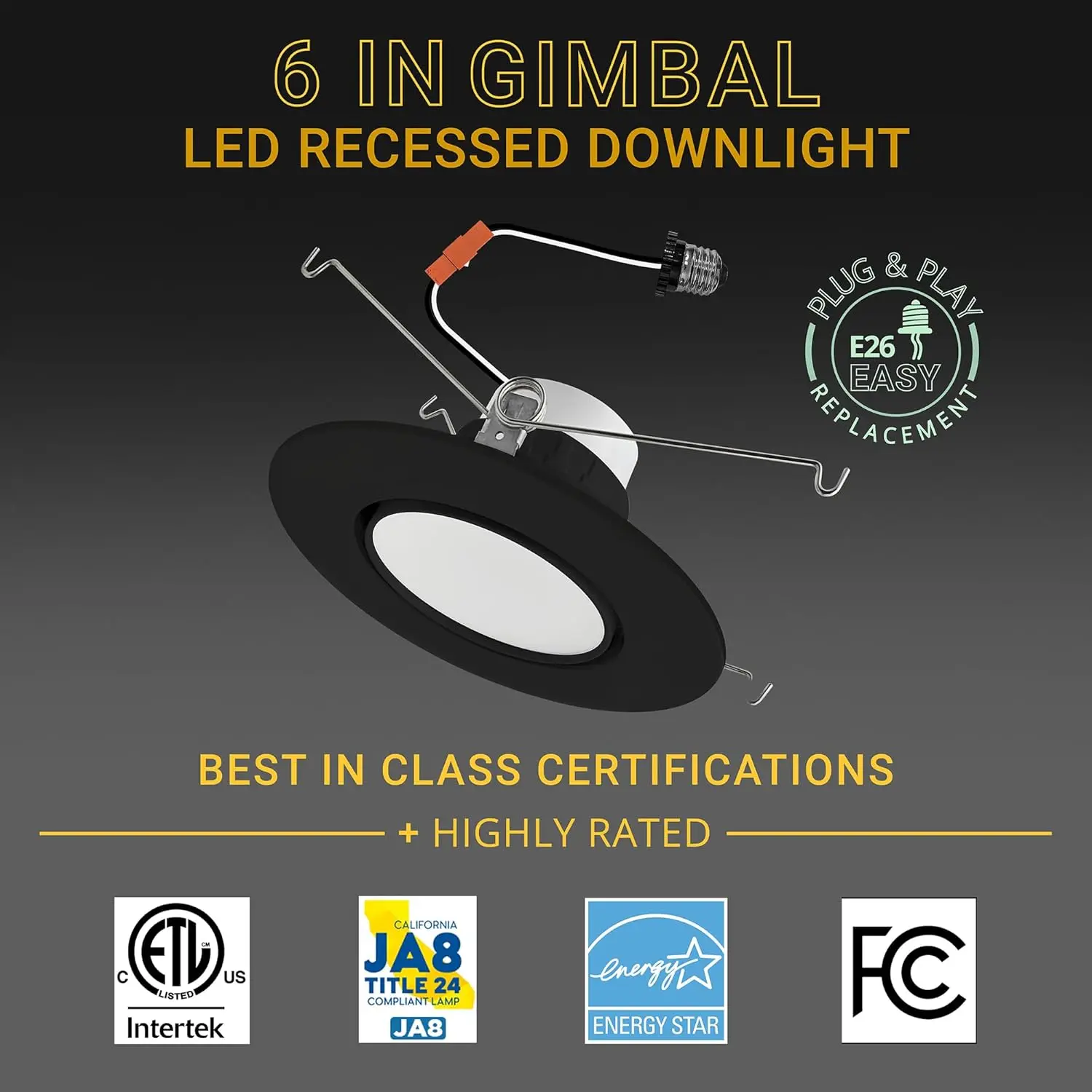 Nuwatt 6 Inch 6 Pack Black Trim Retrofit Gimbal Led Recessed Downlight, High Lumen, 1200Lm, 16W, Selectable 5Cct