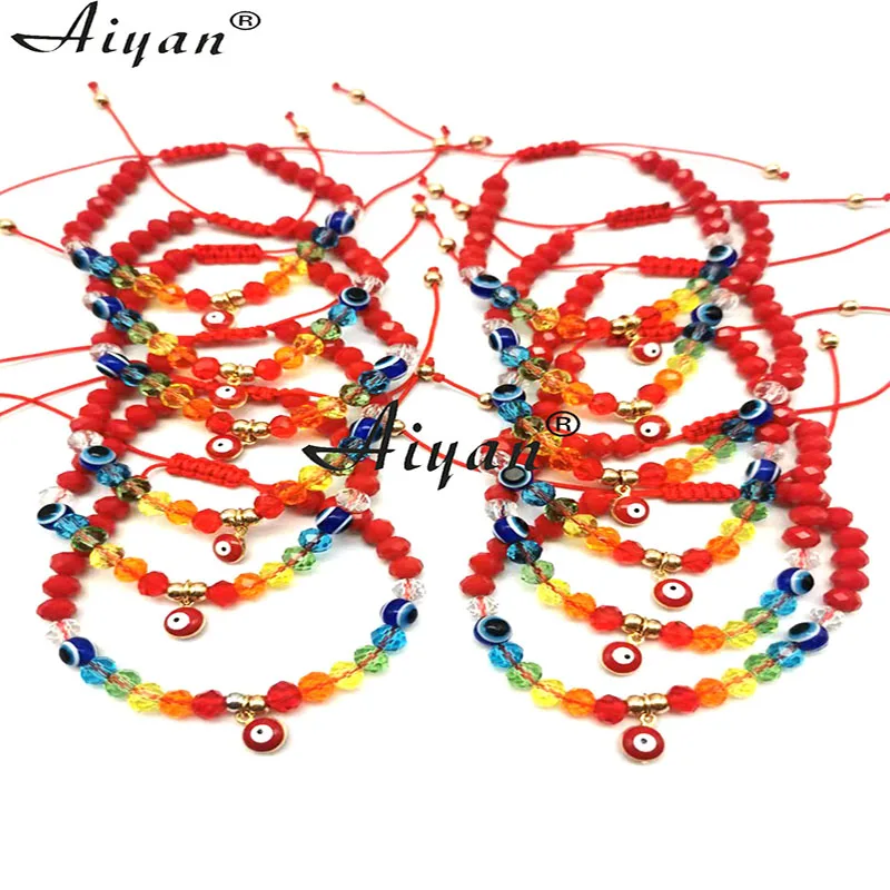 12 Pieces Rainbow And  Red Crystal Hanging Alloy Single Hanging Eye Woven  Bracelet With  Exorcism Protection Can Given As Gifts