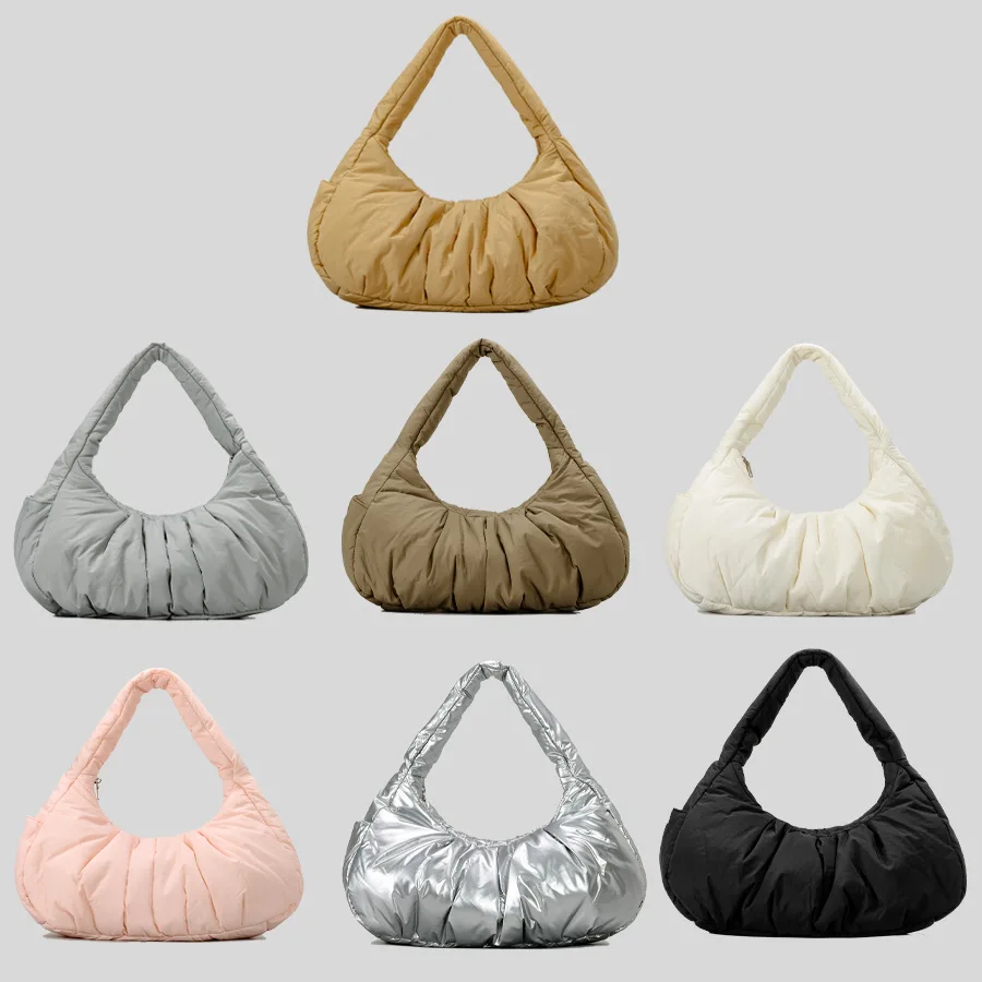 Large Quilted Women Shoulder Bag Cotton Padded Women Designer Handbag Ruched Down Space Bags for Women Half Moon Tote Armpit Bag