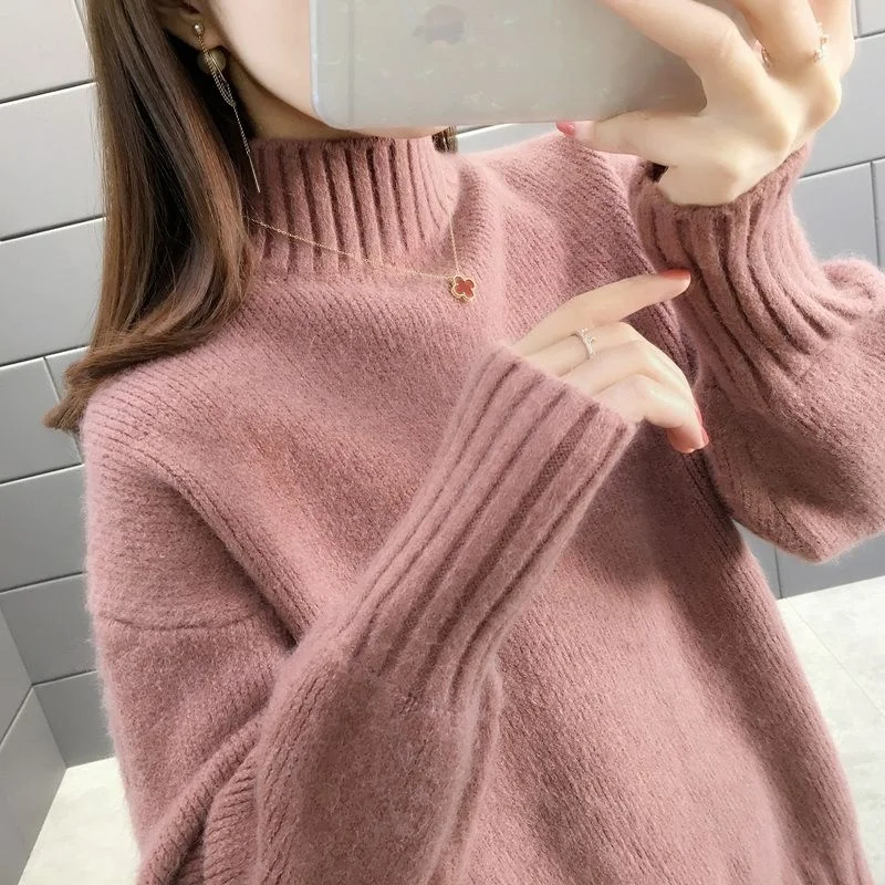 

High-End Women's Knitted Sweater Half High Collar Base Layer Winter Fashion Crew Neck Pullover Top Quality Woolen Weave