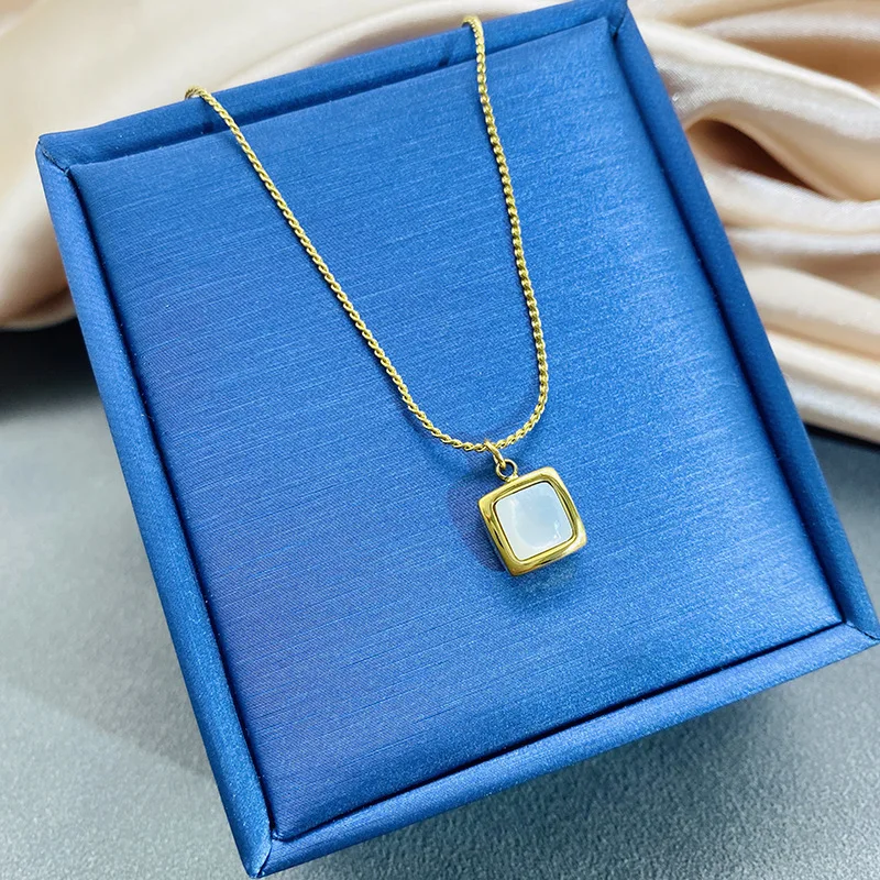 Stainless steel square natural shell pendant necklace exquisite square charm choker minimalist collar necklace image 5