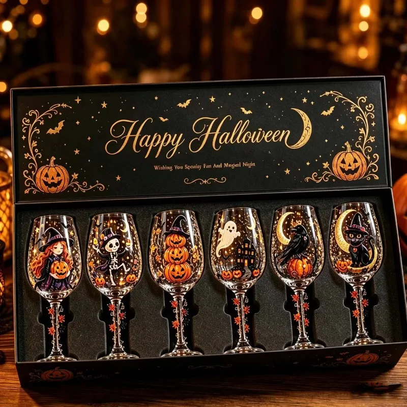 Halloween Wine Glass Set Gift Box Glass Goblet Luxury Art Glassware for Winter Party Table Decor Holiday Drinking Gift Supplies