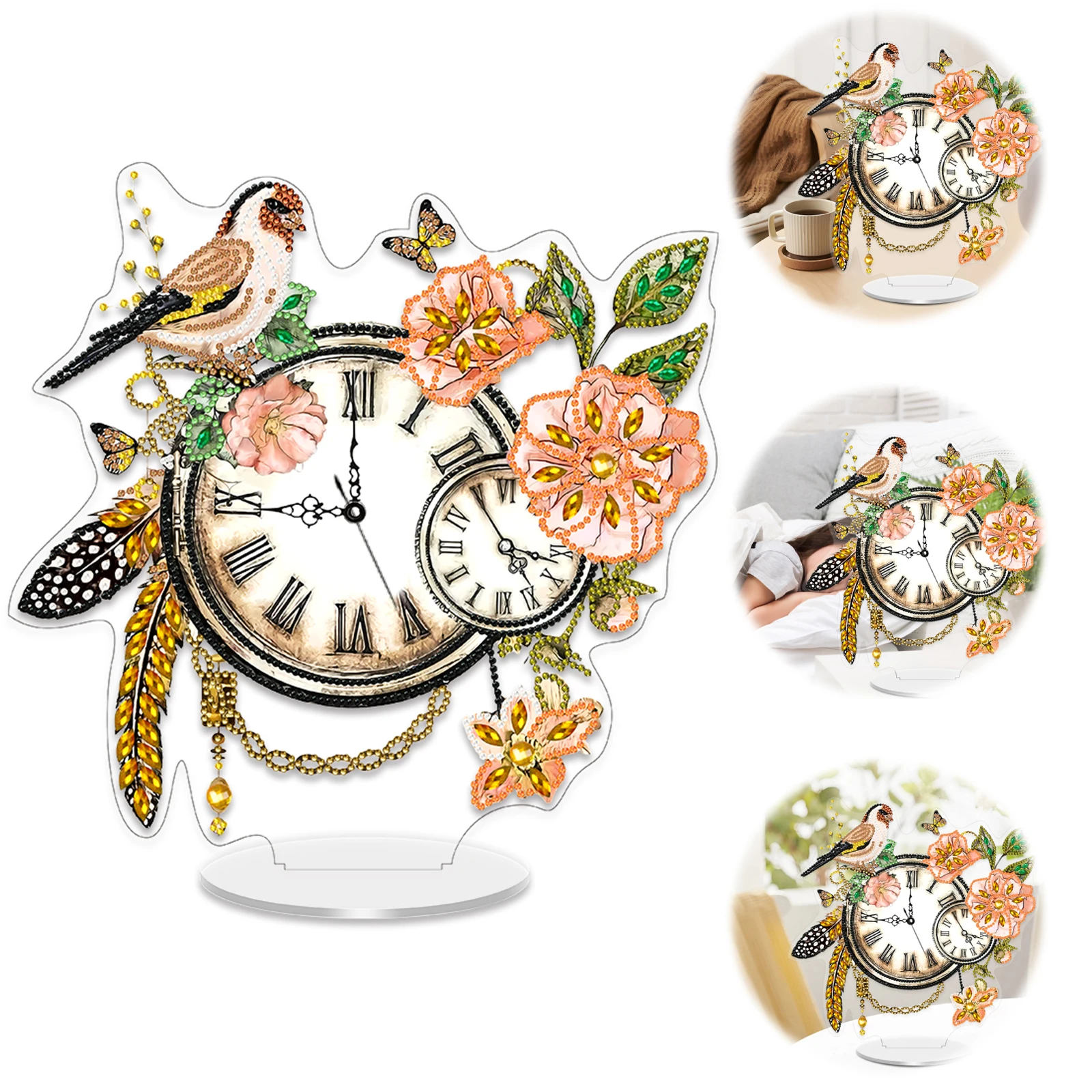 Acrylic Special Shape Flower Bird Diamond Painting Clock Ornaments Kit for Home - view 2