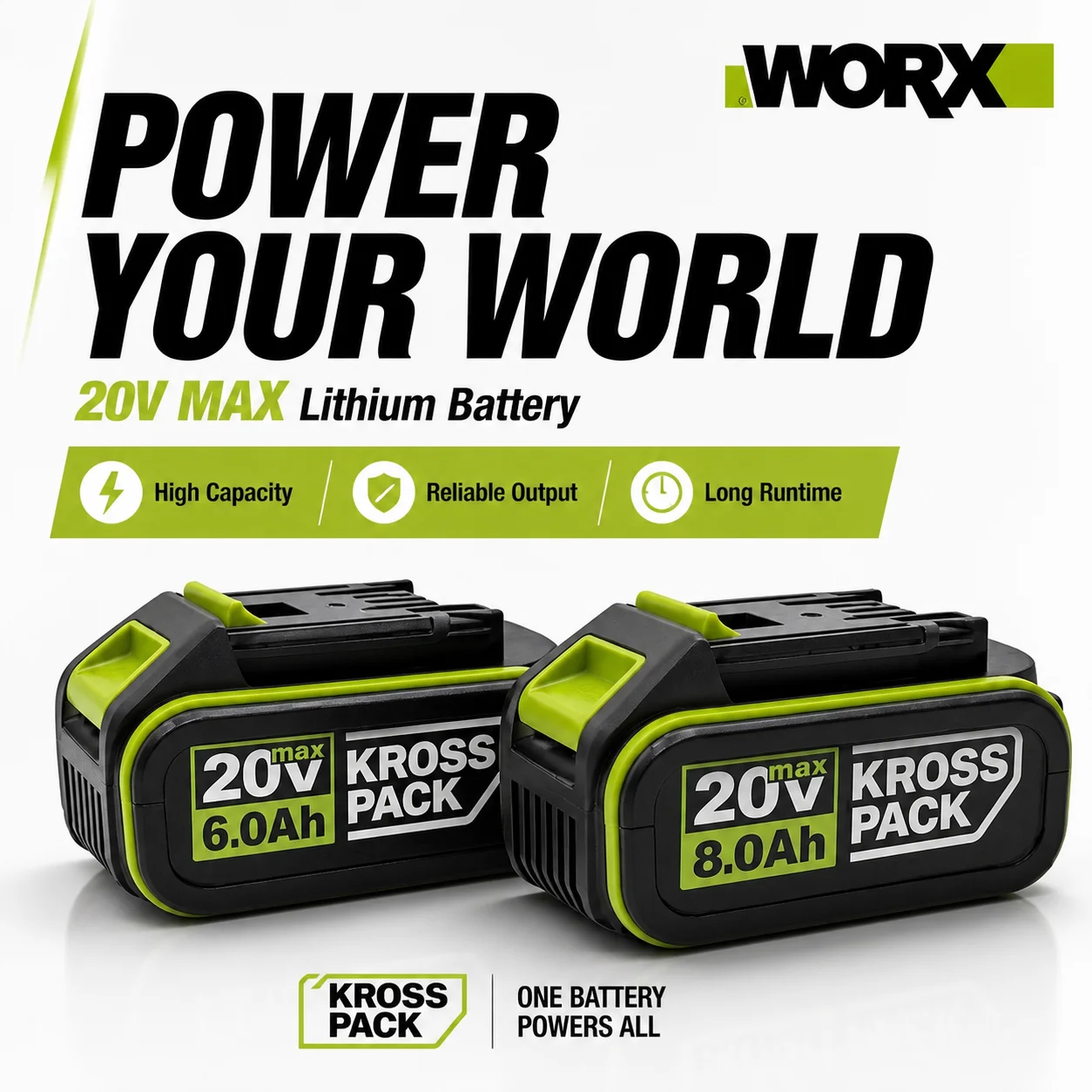 

For WORX 20V Max Lithium Battery Pack 6.0Ah 8.0Ah Replacement Rechargeable Battery for Cordless Power Tools