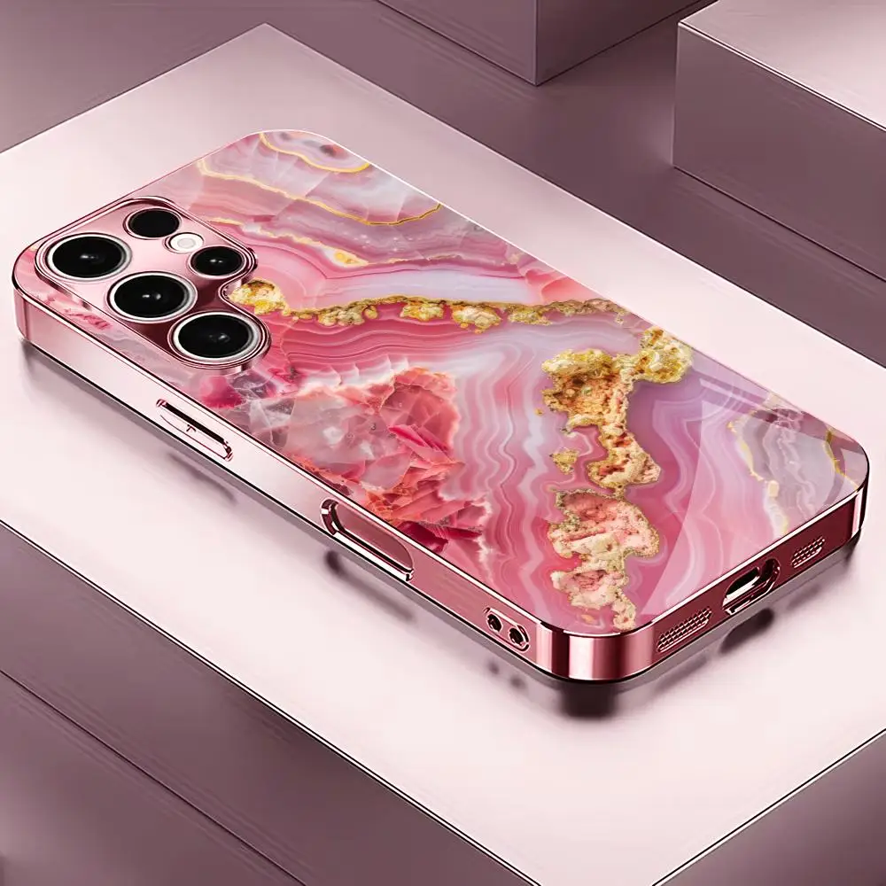 Pink gold texture PhoneCase for Samsung Galaxy S26 S25 S24 S23 S22 FE,Ultra,Plus Built-in glass feel bare machine Women's style