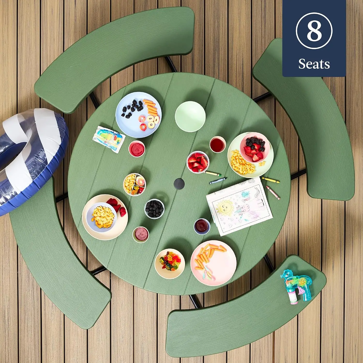Outdoor Picnic Table Set, Circular Patio Dining Table With 4 Built In Benches And Umbrella Hole Stand, Heavy Duty Backyard Garden Dining Furniture For 8 Person, Forest Green