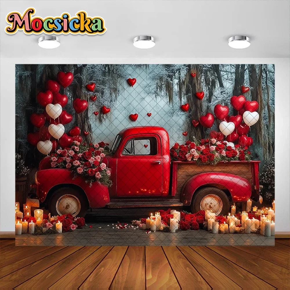 발렌타인 데이 사진 배경 레드 러브 트럭 꽃 장식 배경, 베이비 샤워 소녀 초상화 사진 스튜디오 소품