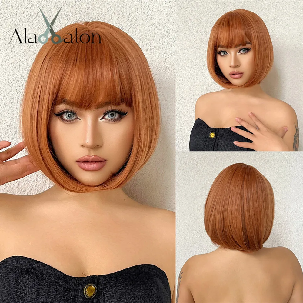 

ALAN EATON Short Orange Straight Wigs for Women Bob Orange Wigs with Bangs Heat Resistant Synthetic Wig Party Costume Full Wig