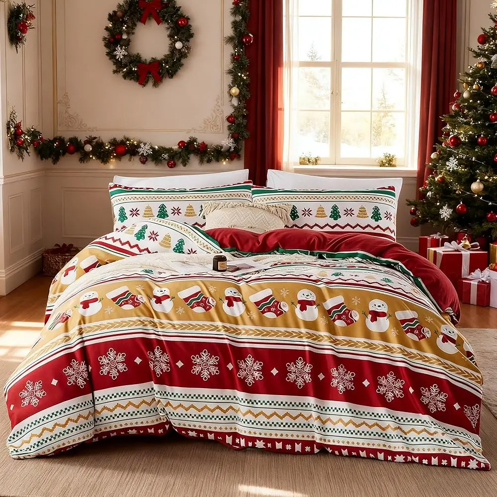 

Рождественский комплект постельного белья Queen Size, 3 предмета, с праздничным принтом, декоративный, из микрофибры