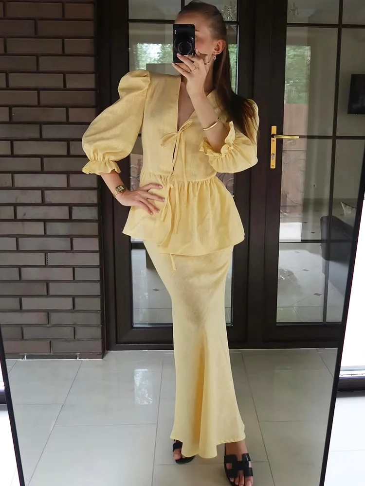 

Летние комплекты платьев: блузка с V-образным вырезом и шнуровкой, длинная юбка А-силуэта, элегантный повседневный костюм для женщин, комплекты длинных платьев для офиса