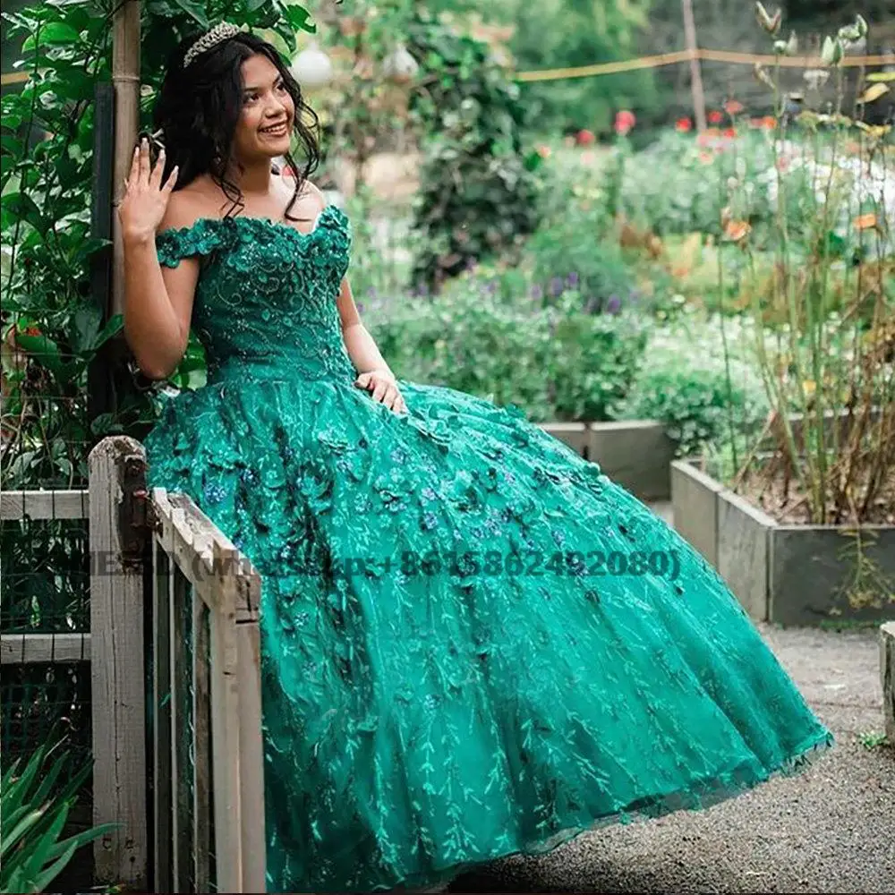 Hunter Green Handmade Flowers Ball Gown Quinceanera Dresses Off The Shoulder Floral Appliques Vestido De 15 Anos Sweet 16