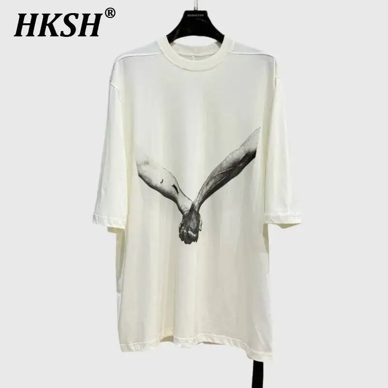 

HKSH Spring Summer New Men's RO Style Round Collar Printed T-shirt Oversized Chic Cotton Chic Top American Loose Y2K Tees HK4638