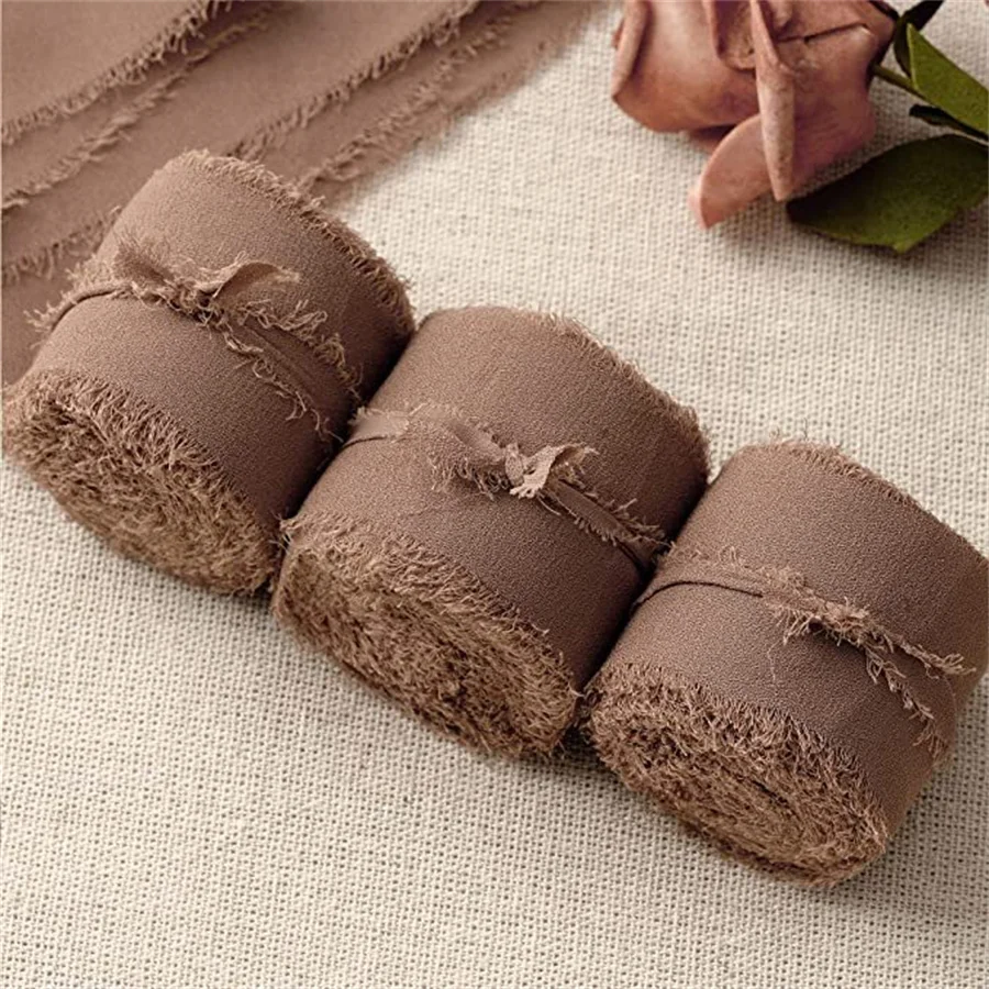 3 Rolls Frayed Edged Satin Handmade Chiffon Silk Ribbon For Wedding Invitation Bouquets Birthday Party DIY Decoration Gift 15m image 3