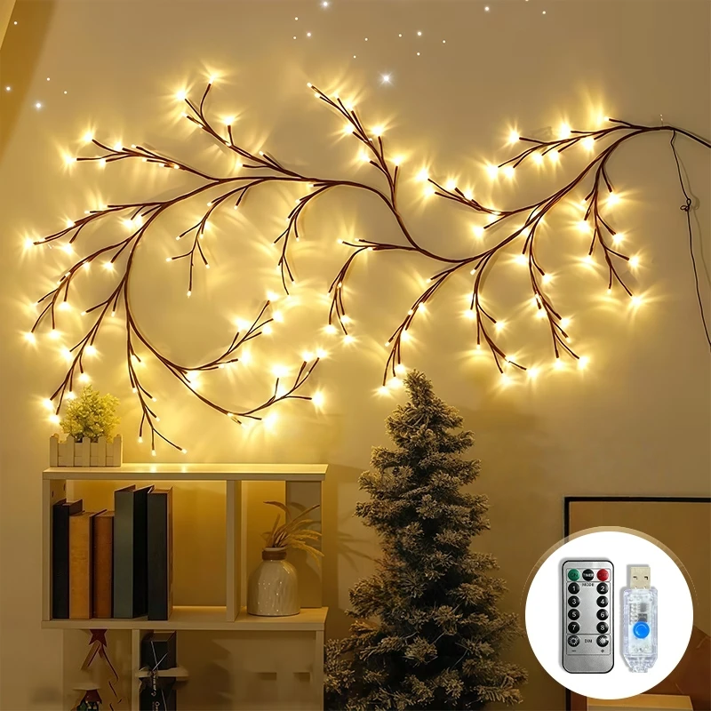USB-Rattan-Zweig-Lichterkette für Innenräume, warmweiße LED-Zweiglampe mit Fernbedienung, 8 Effekte für Regal, Kaminsims, Fenster, saisonale Dekoration
