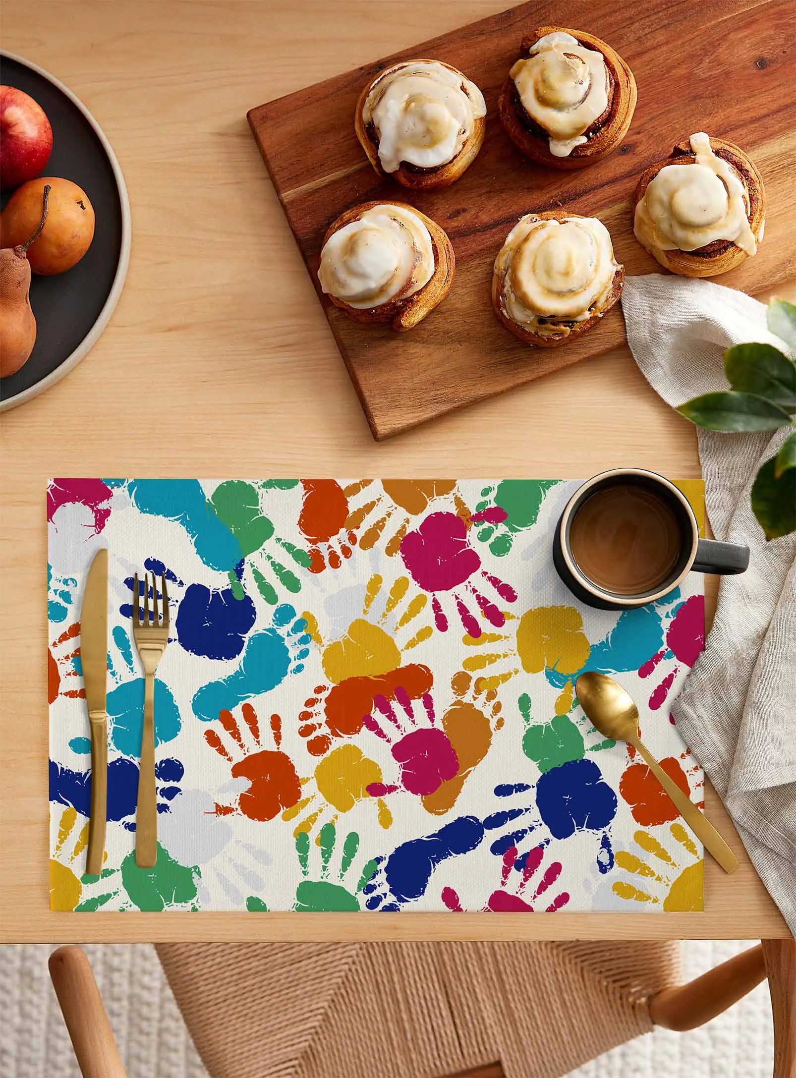 Colorful Handprint and Footprint Texture Kitchen Dining Table Decor Accessories 4/6pcs Placemat Heat Resistant Tableware Mat