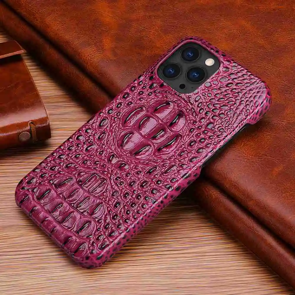 Capa de couro genuíno para iphone 16 15 13 12 11 14 pro max xs xr 7 8 plus capa 3d croc cabeça padrão à prova de choque capa de telefone rígido