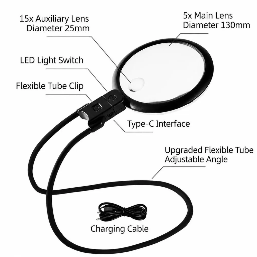 1 set Black LED Magnifying Glass ABS Frame Silicone Tube Neck Hanging Magnifier 5X Magnification 15X Magnification