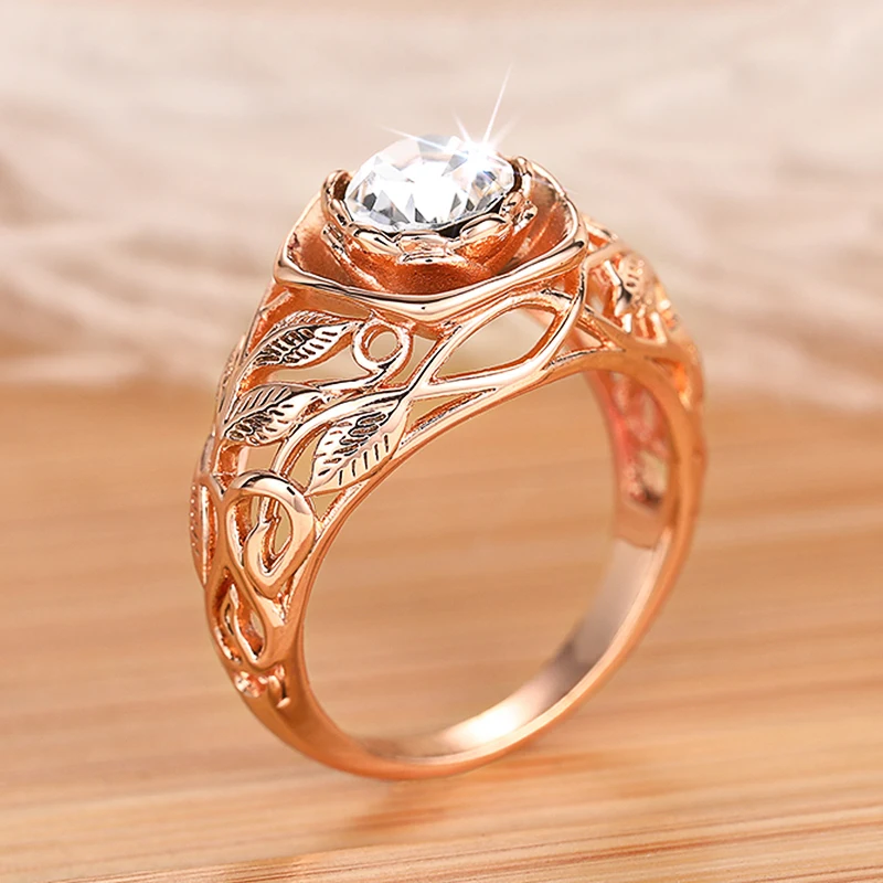 Huitan Aesthetic Rose Gold Color Flower Ring Female Engagement Accessories with Bright Zirconia Graceful Wedding Band Jewelry