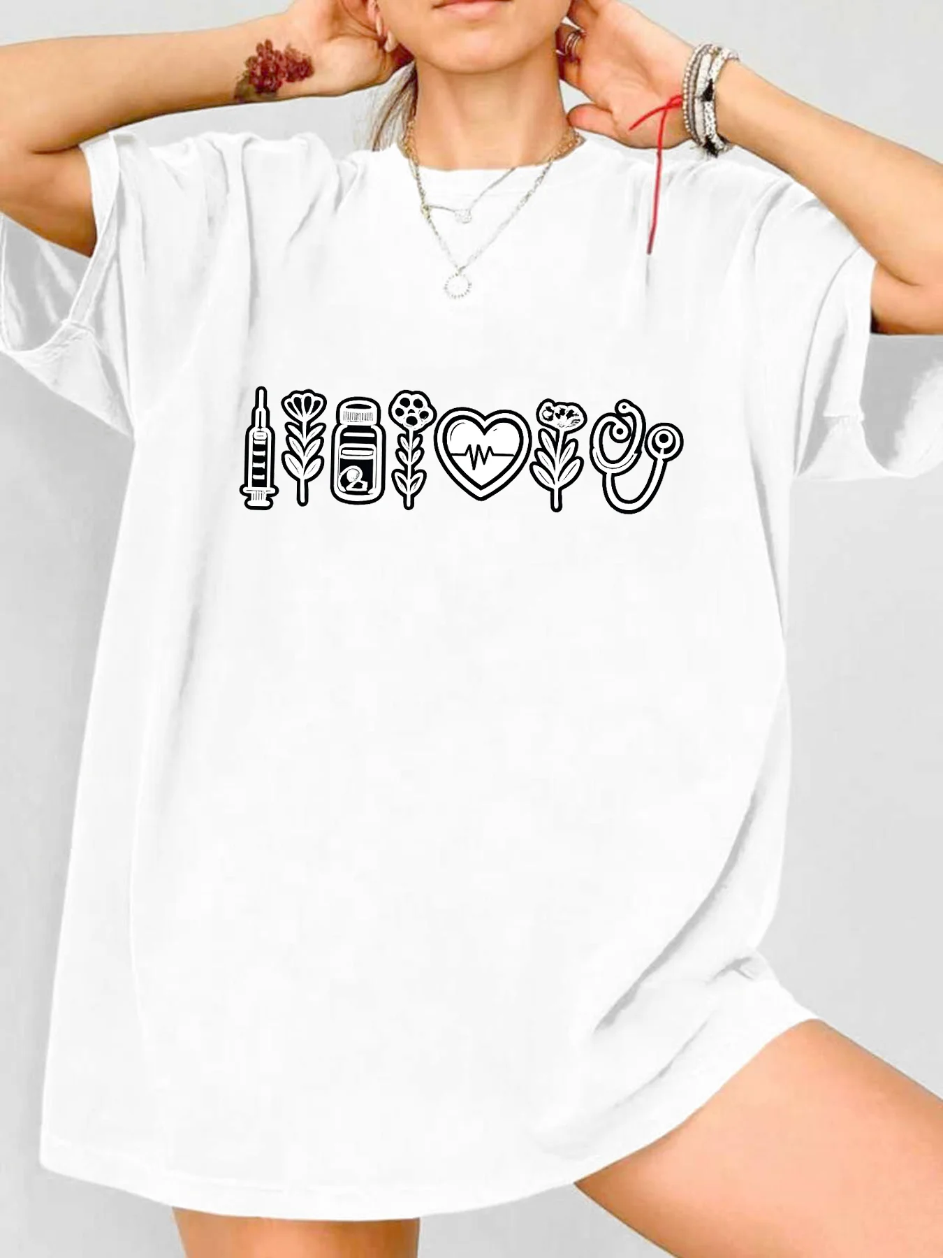 

【WDS00141】Plus size women's round neck short sleeve T-shirt with elastic half sleeves and trendy prints