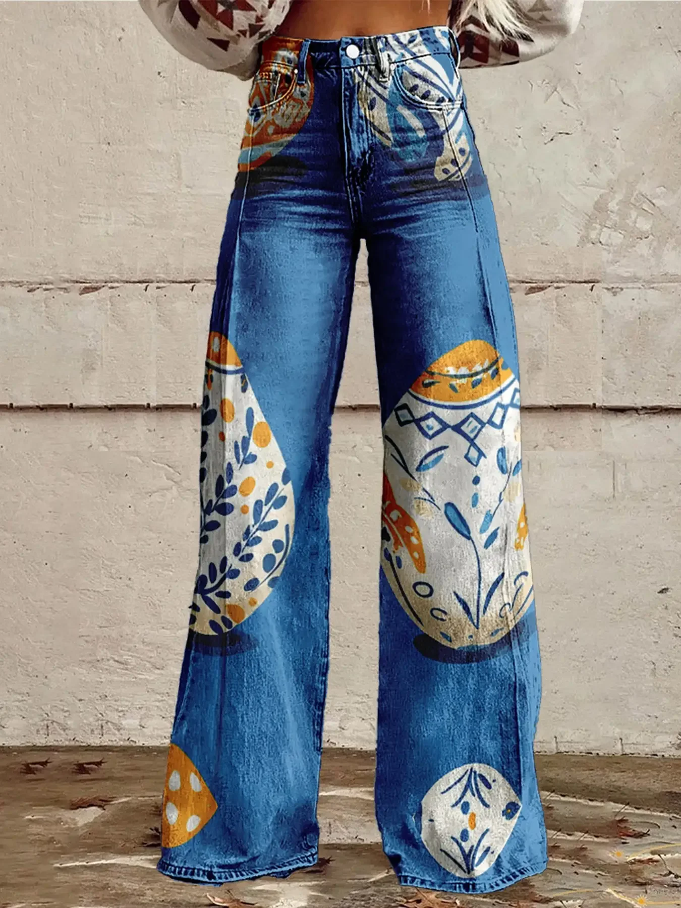 2026 Women's imitation jeans with printed high waisted flared pants, Ladies' non stretch wide leg jeans - bold graffiti print