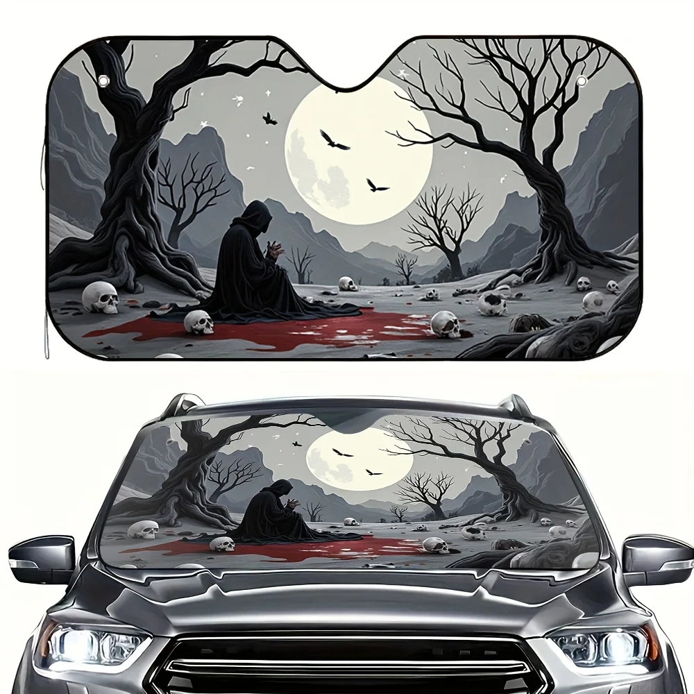 

1 шт., автомобильный солнцезащитный козырек The Grim Reaper Sits, впечатляющая защита от солнца для выходных, модный универсальный аксессуар для автомобиля вперед