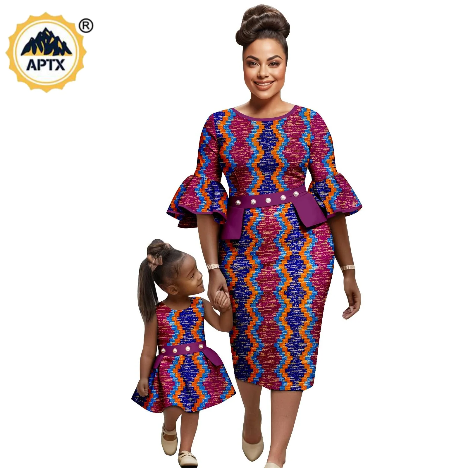 

African Print Hip Dresses for Women Family Outfits Dashiki Couple Clothes Mother Daughter Beading Ruffles Dresses Outwear 26F001