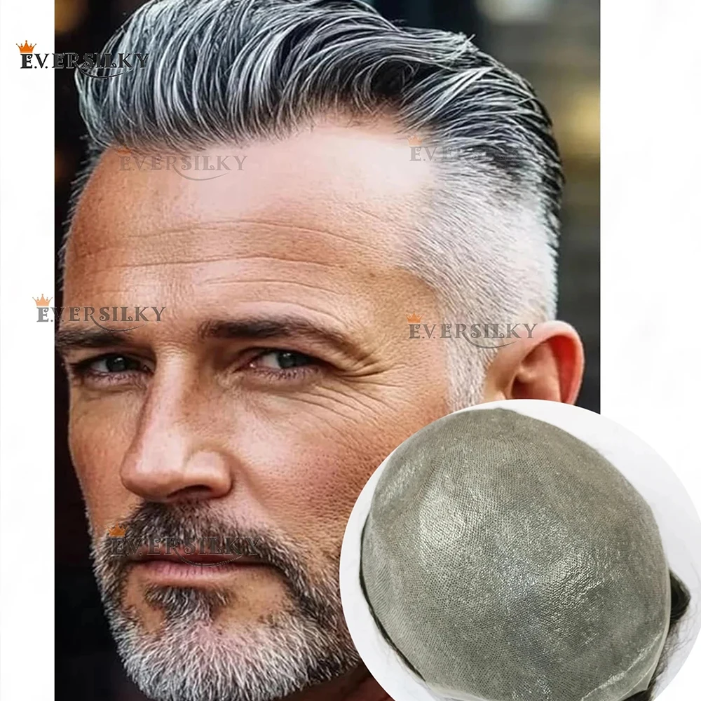 

0.03mm Super Thin Skin Grey 1B10 520# Mans Wig Natural Hairline Undetectable 80%Density Men's Toupee Capillary Prosthesis System