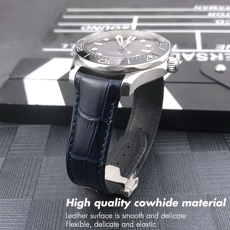 Curved End Real Leather Watch Strap for Omega Speedmaster Seamaster AT150 Deployment Buckle 19mm 20mm 21mm Black Blue Watchband