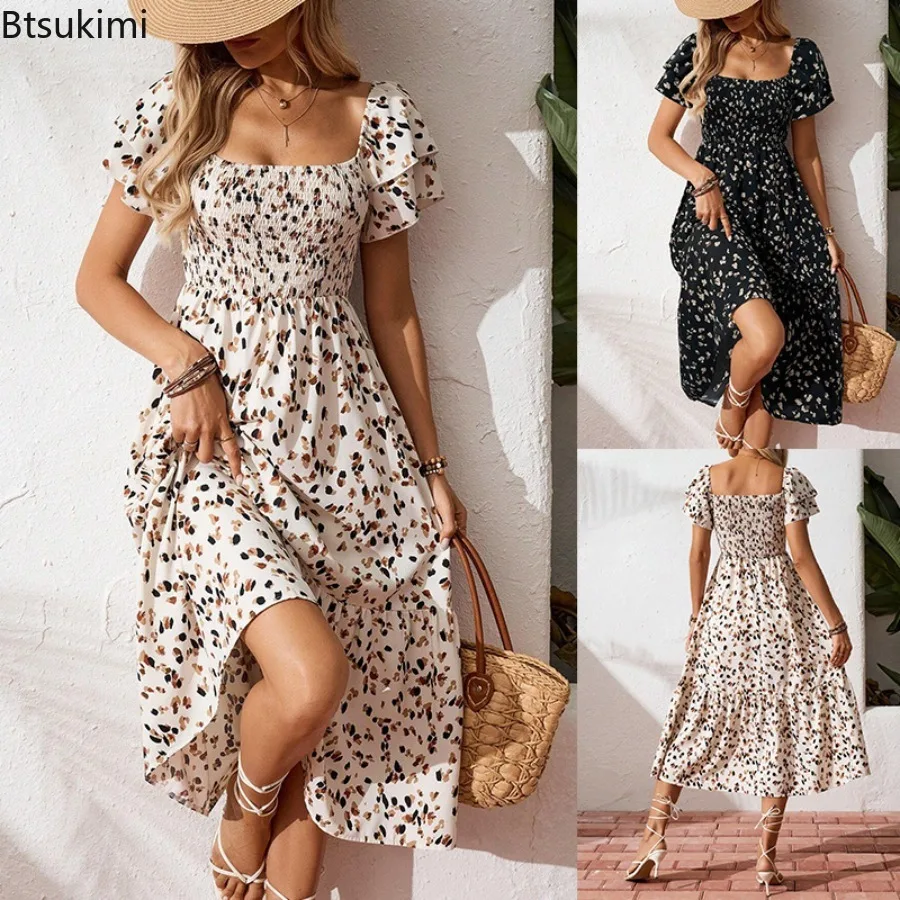 Nouveau 2025 femmes printemps été tenue décontractée à manches courtes taille élastique noir imprimé fleuri plissé dos nu tenue décontractée femme