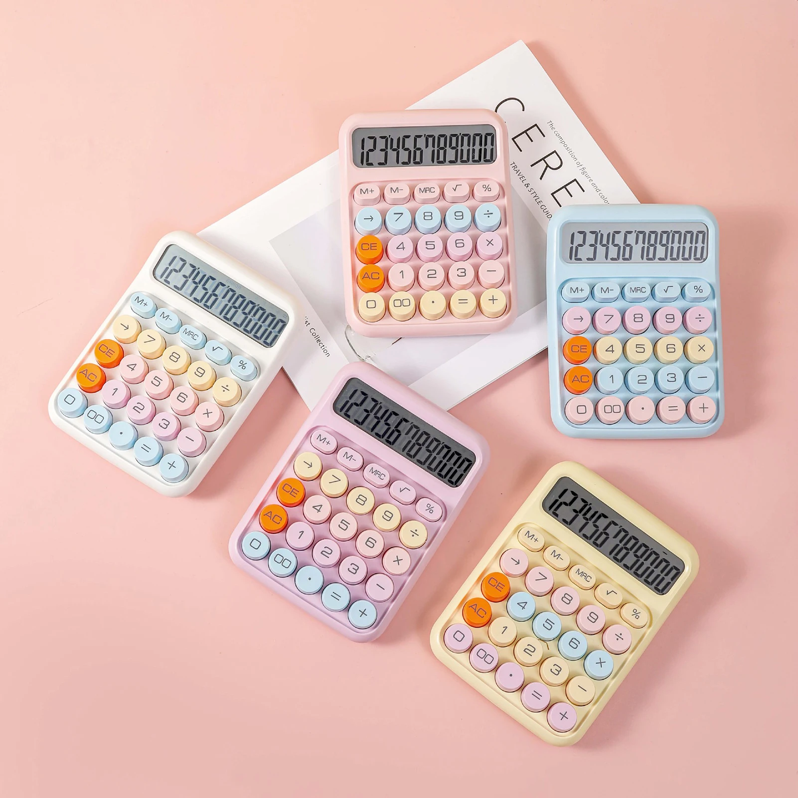 Mechanical Calculator 12 Digit Large LCD Display Big Round Button Cute Candy Colored Calculator Suitable for Office School Home