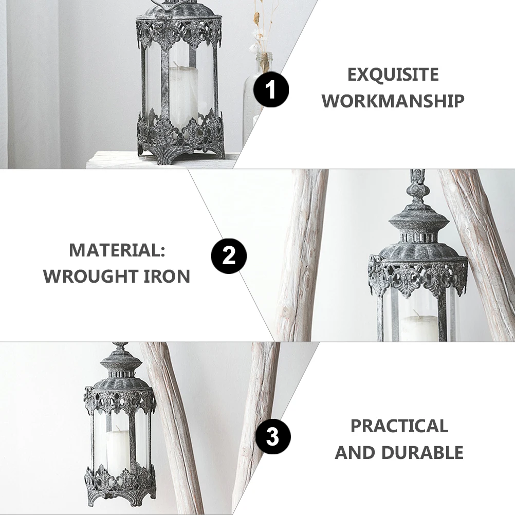 

Retro Lantern Holder Wrought Iron Vintage Home Decoration Hanging Table Lamp for Yard Pathway Driveway Shelf Bar Patio