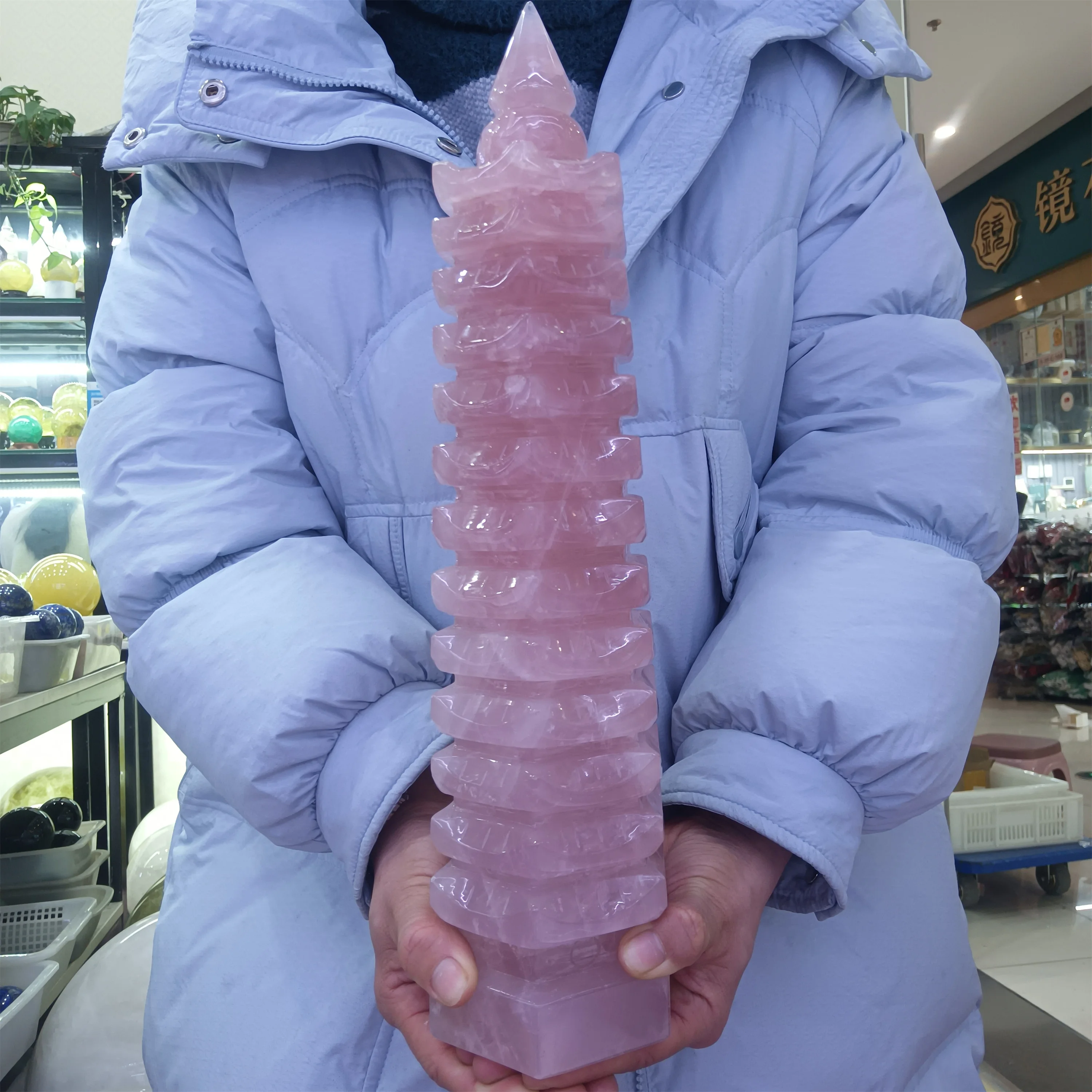 

Huge Natural Pink Quartz Wenchang Tower, Cherry Powder Crystal Ore Carved Multi-Layer Wenchang Tower, Mineral Reiki Treatmentgem