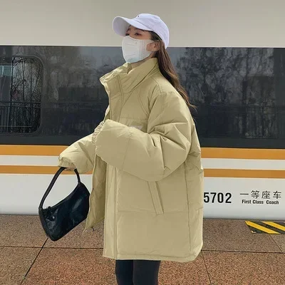 Women Parkas Long Sleeve Stand Collar Solid Color Zipper Covered Button Pockets High Street Outerwear Warm Winter Y2k Elegant