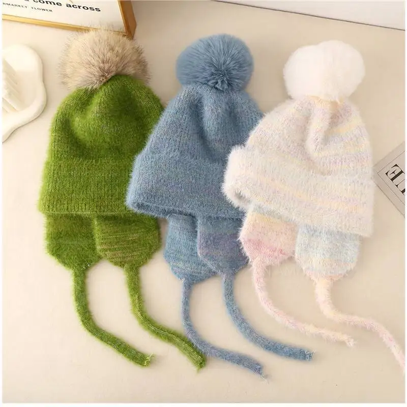 الكورية مختلط اللون لطيف أفخم الأشرطة حماة الأذن محبوك منفذها قبعة المرأة بسيطة الحلو لينة لطيف شتاء دافئ قبعة قبعة #1