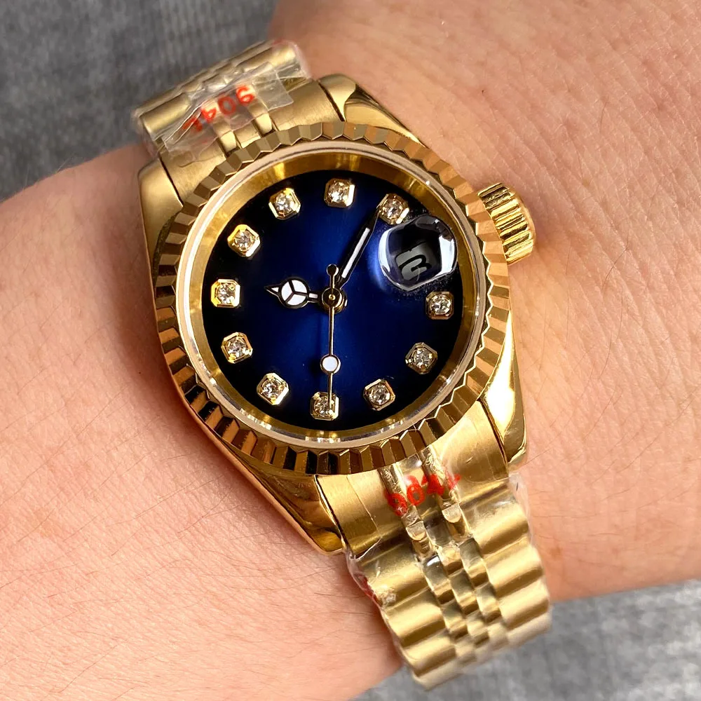 

BLIGER 26mm NH05A Automatic Women Watch Sapphire Glass Gold Blue Dial Diamond Mark Steel Bracelet Ladies Watch New