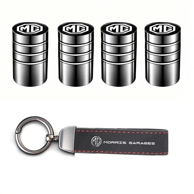 MG Logo 4Pcs Wheel Valve Covers Leather Keychain Set Fit MG ZS EV HS EHS PHEV MG3 MG4 MG5 MG6 MG7 GT ZR RX5 RX8 ONE Cyberster