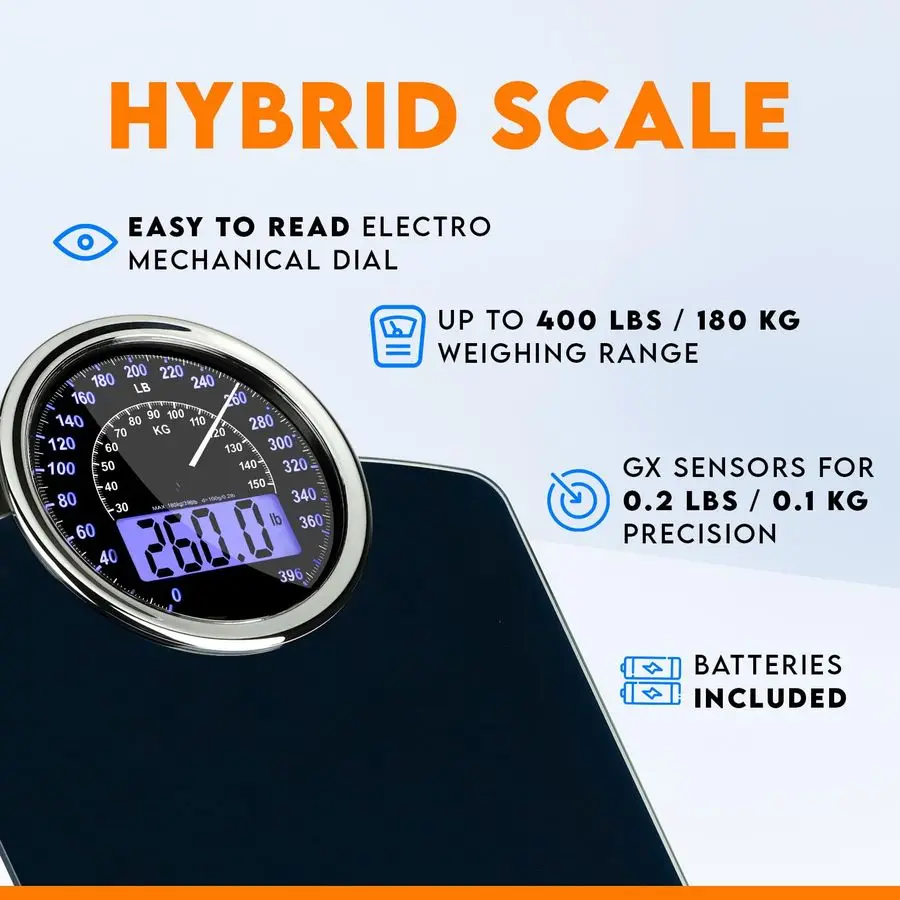 مقياس وزن رقمي هجين 2 في 1 تناظري لوزن الجسم يصل إلى 400 رطل من الزجاج المقسى السميك شاشة كبيرة جدًا سهلة القراءة