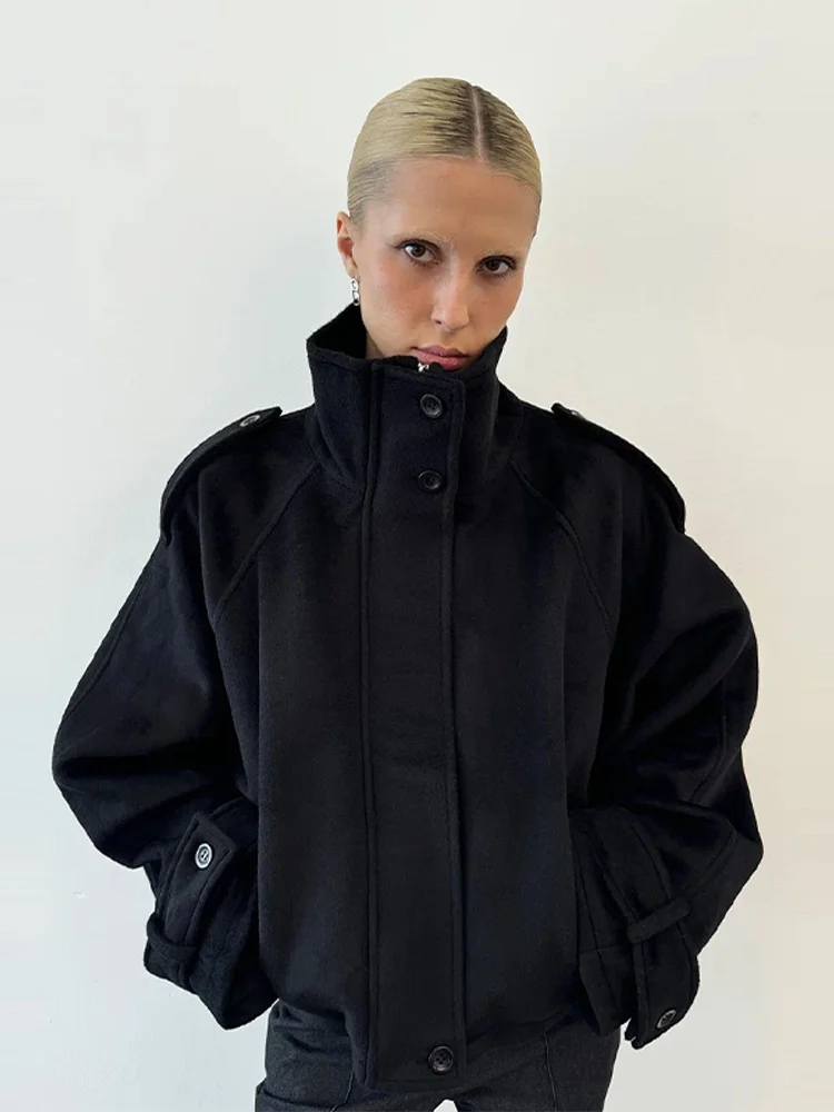 

Women's Stand Collar Woolen Coats Long Sleeve Single Breasted Pockets Thick Warm Jacket 2025 Autumn Winter Lady Outerwear