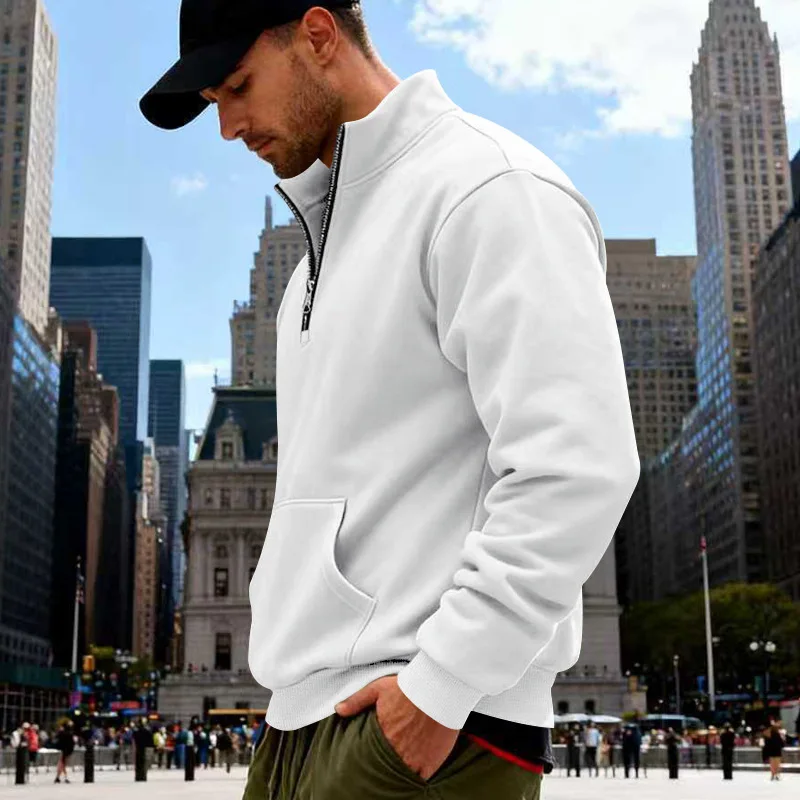 Grenzübergreifender Herbst- und Winter-Samt-Pullover für Herren, locker geschnitten, im Retro-Stil, lässig, mit Stehkragen, halbem Reißverschluss und Taschen für Pendler. – Detail 3
