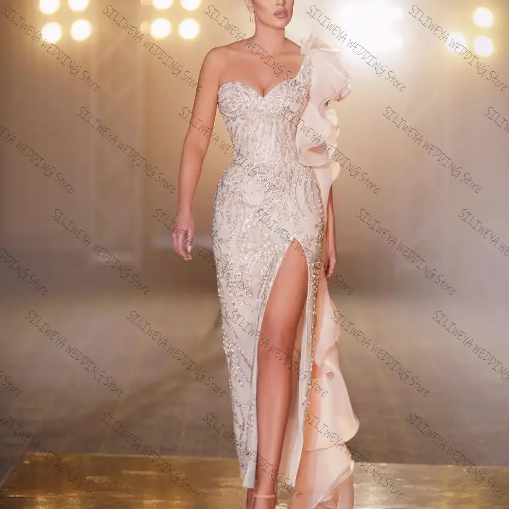 

Stylish Prom Dresses Sleeveless V Neck Sequins One Shoulder Side Slit Custom Made Formal Gown