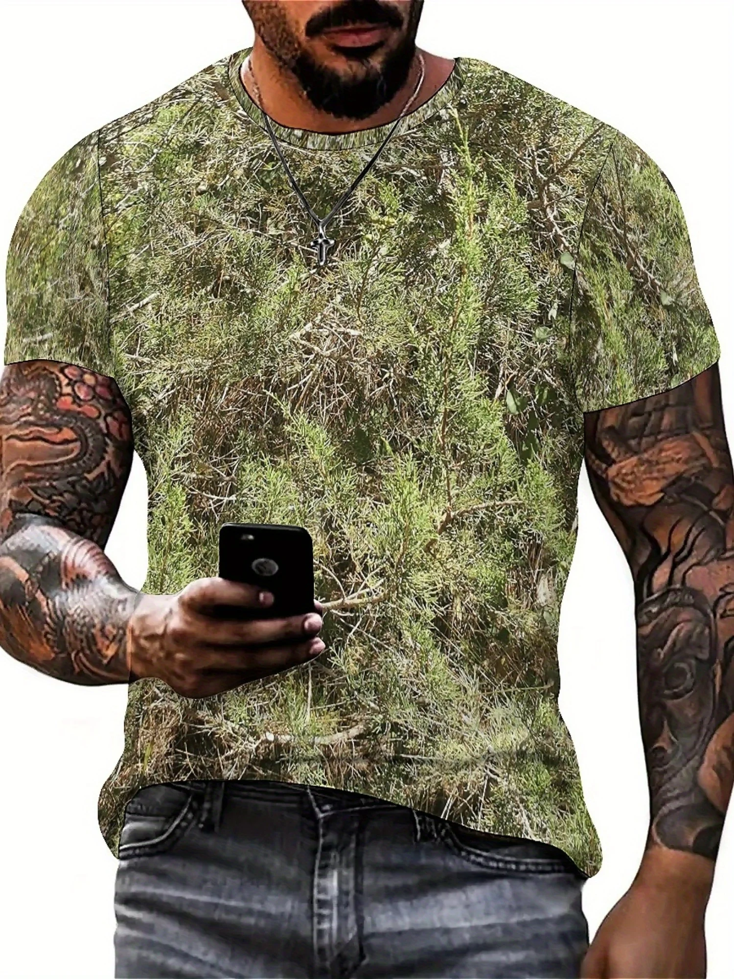 Camiseta camuflada geométrica impressa em 3D estilo hip-hop masculina e feminina – poliéster macio, conforto para todas as estações, tamanho grande