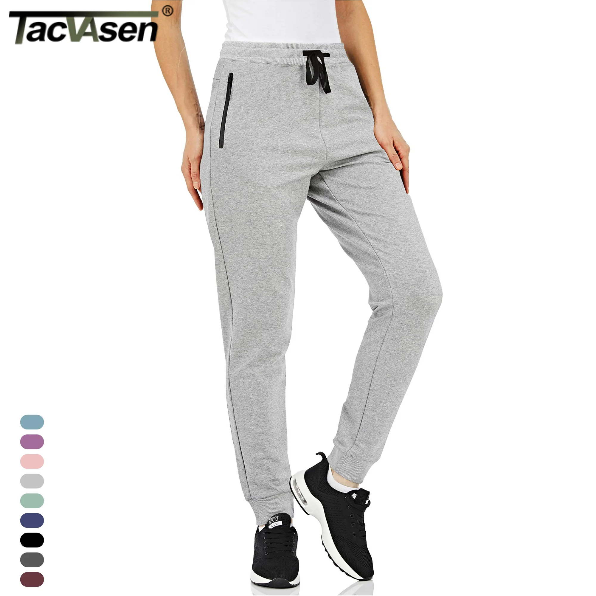 TACVASEN Cotton Jogger Pants Womens Casual Hiking Long Trousers Breathable Zipper Pockets Drawstring Waist Outdoor Sweatpants