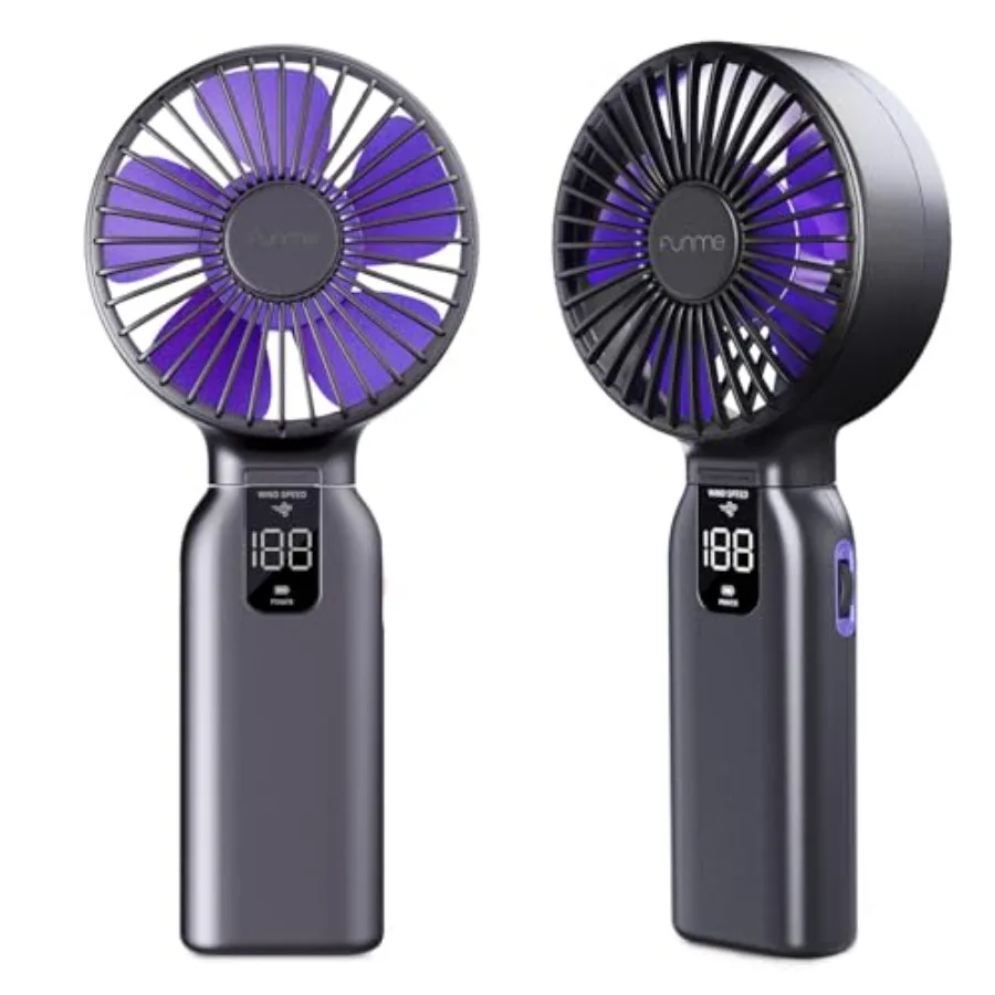 

Portable handheld fan for travel and outdoor use, metal body, blue, 10000mAh rechargeable with 1-100 speed scroll wheel, 46H ma