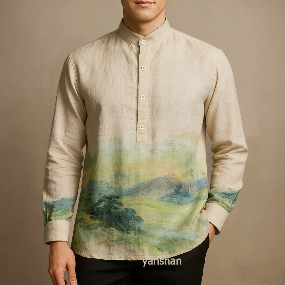 

Men's Linen Long-sleeved Shirt Ethnic Style Graffiti Natural High-definition 3D Printed Shirt Hawaiian Outdoor Men's Clothing