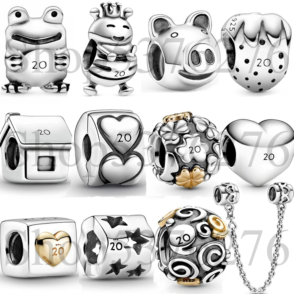 2020 925 Sterling Silver Bead 20th Anniversary Bee Frog Strawberry Heart Star Charm Fit Fashion Women Bracelet Gift DIY Jewelry