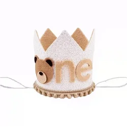 Teddy Bear Felt Crown Birthday Party Chapéus para crianças, Little Bear Hat para meninos, decoração de festa de um ano, animal dos desenhos animados, feliz 1 ° aniversário