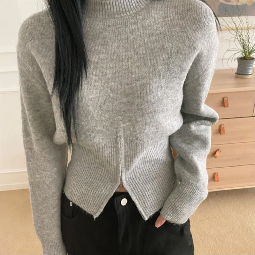 Spring Autumn Zipper Big Size Knitting Sweater Round Neck Long Sleeve Women Pullovers New Fashion  Ladies Tops