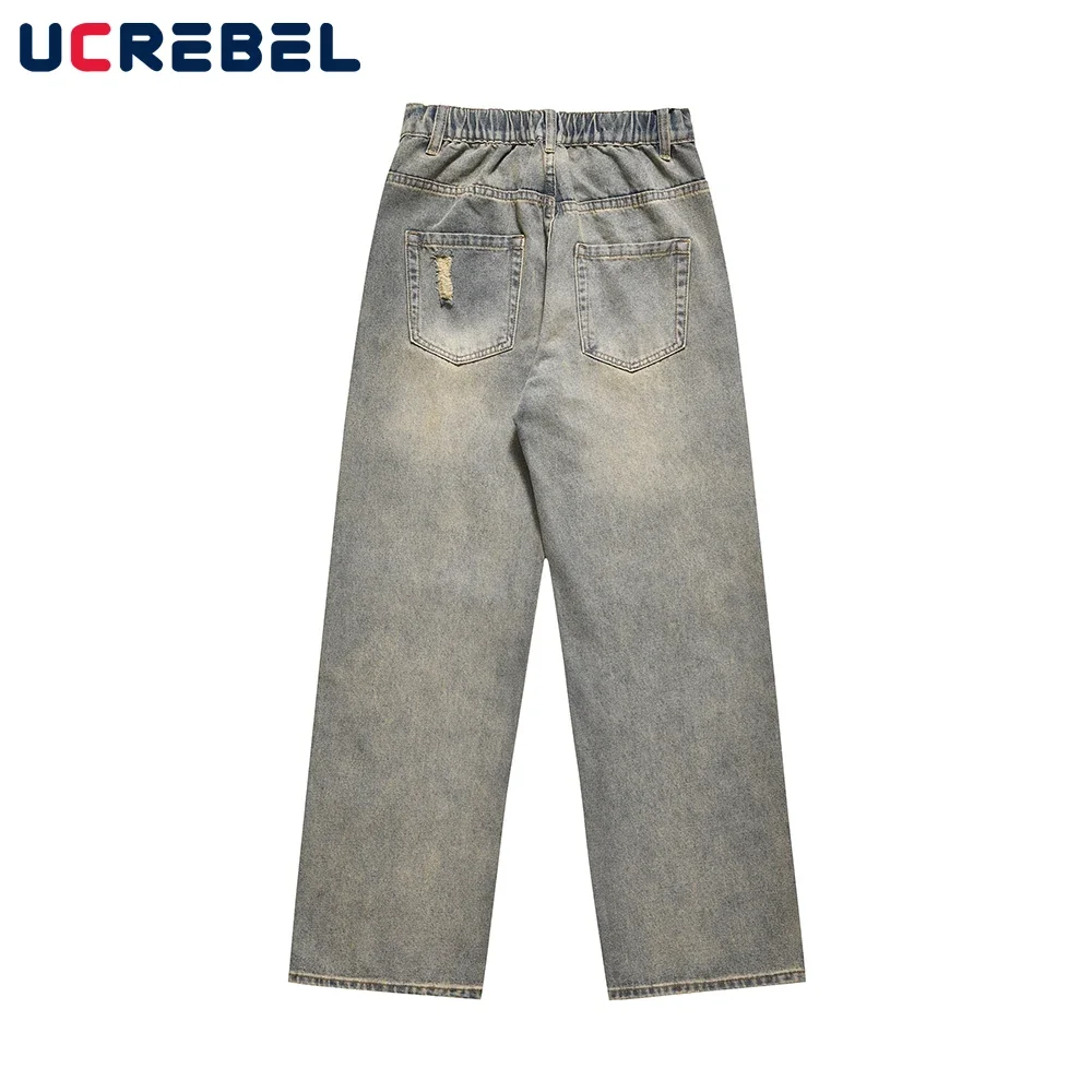 Mud Yellow Loose Jeans Mens Washed Distressed Elastic Waist High Street Ripped Hole Straight-leg Pants